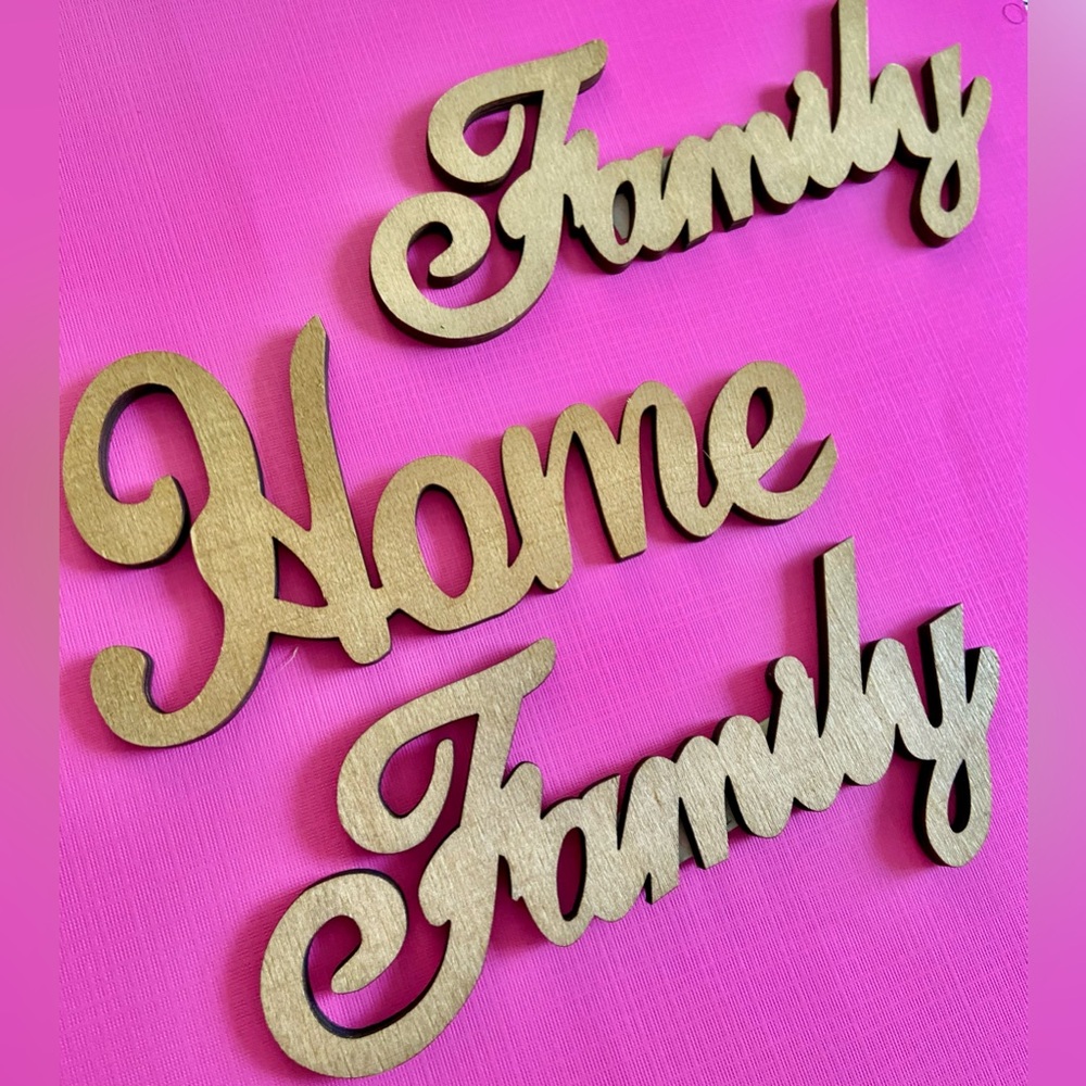 New. 3 wooden signs cutouts for crafts or decoration. Cursive letters.